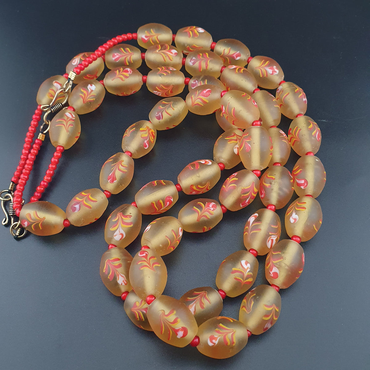 Antique Murano Style Floral Glass & Venetian WhiteHeart Glass Beads Necklace