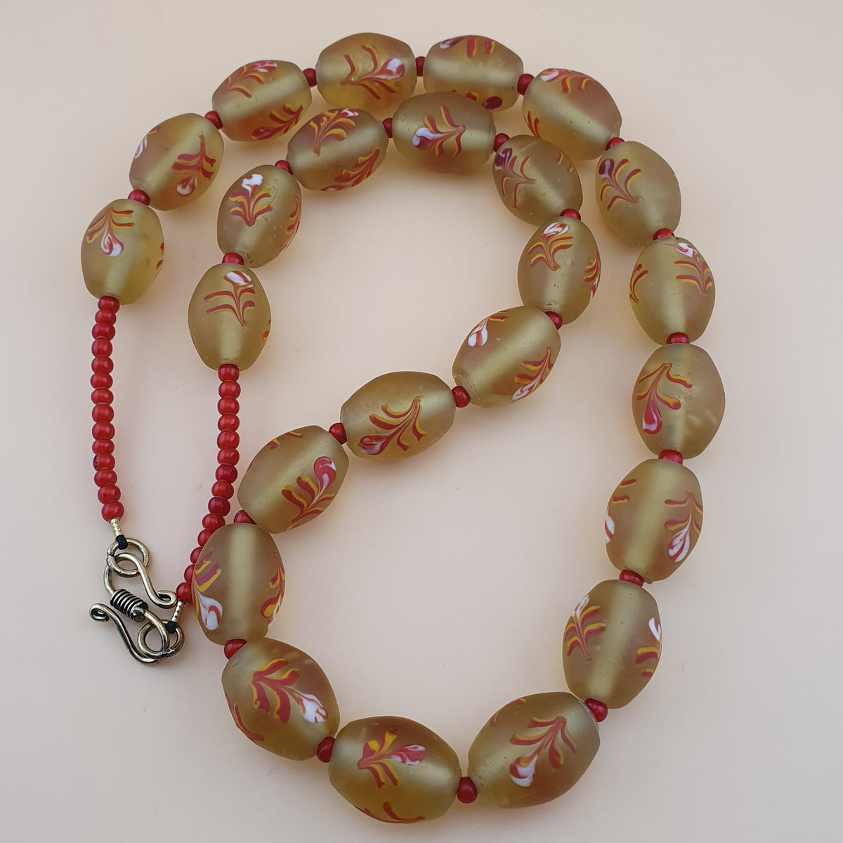 Antique Murano Style Floral Glass & Venetian WhiteHeart Glass Beads Necklace