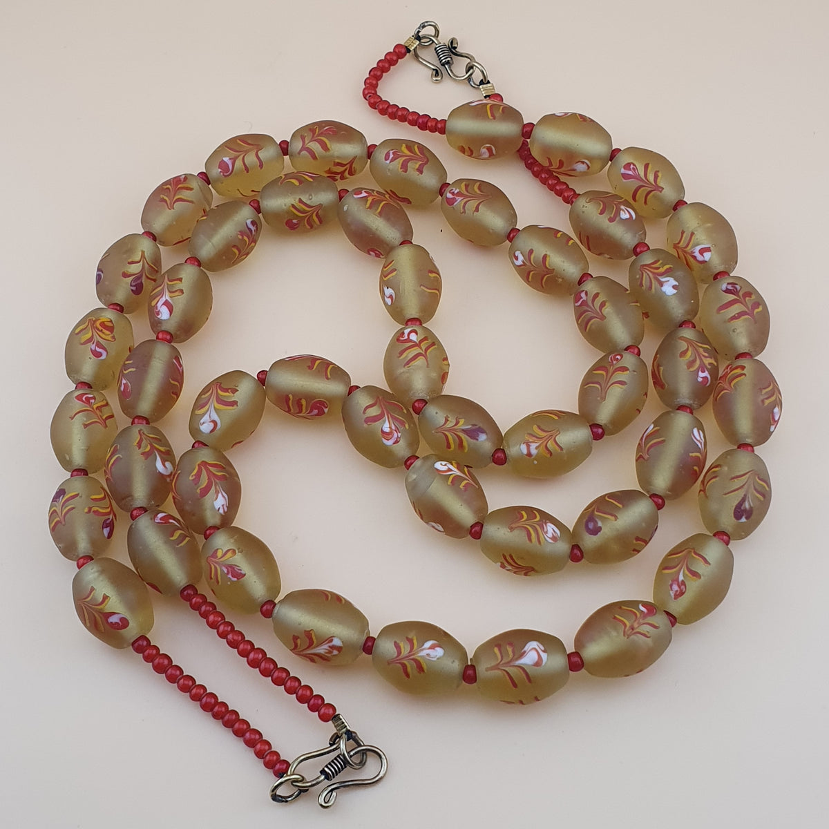 Antique Murano Style Floral Glass & Venetian WhiteHeart Glass Beads Necklace