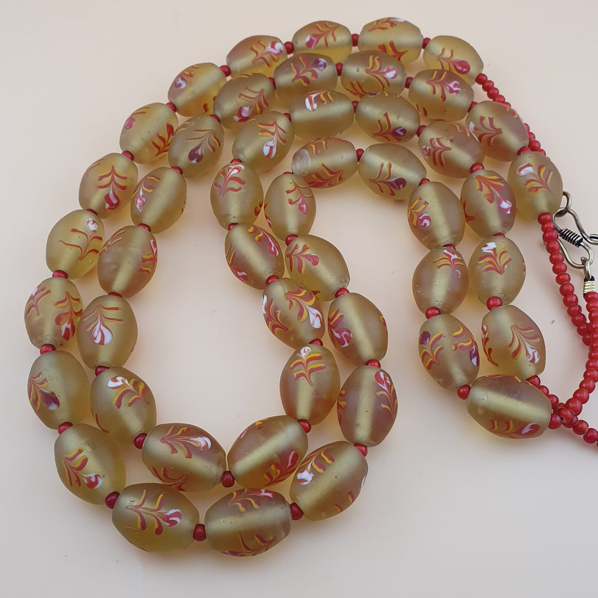 Antique Murano Style Floral Glass & Venetian WhiteHeart Glass Beads Necklace