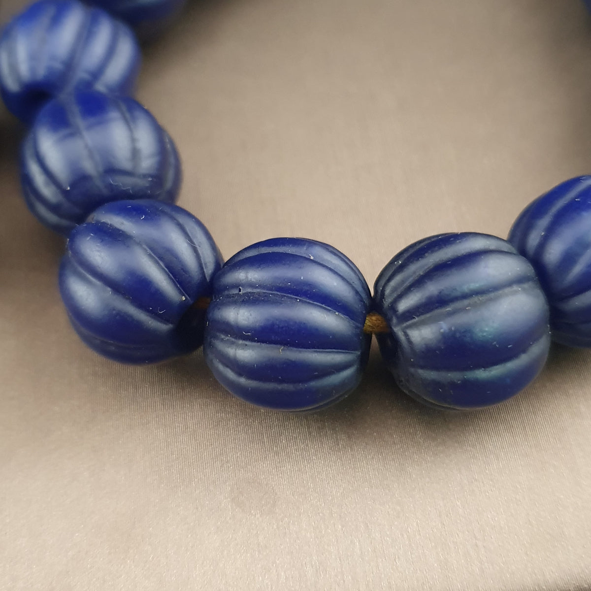 Antique African Deep Blue Melon Shape Glass Beads Strands