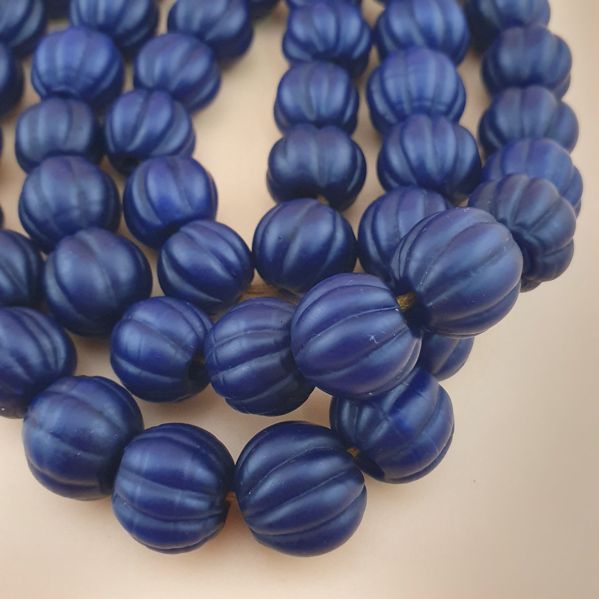Antique African Deep Blue Melon Shape Glass Beads Strands