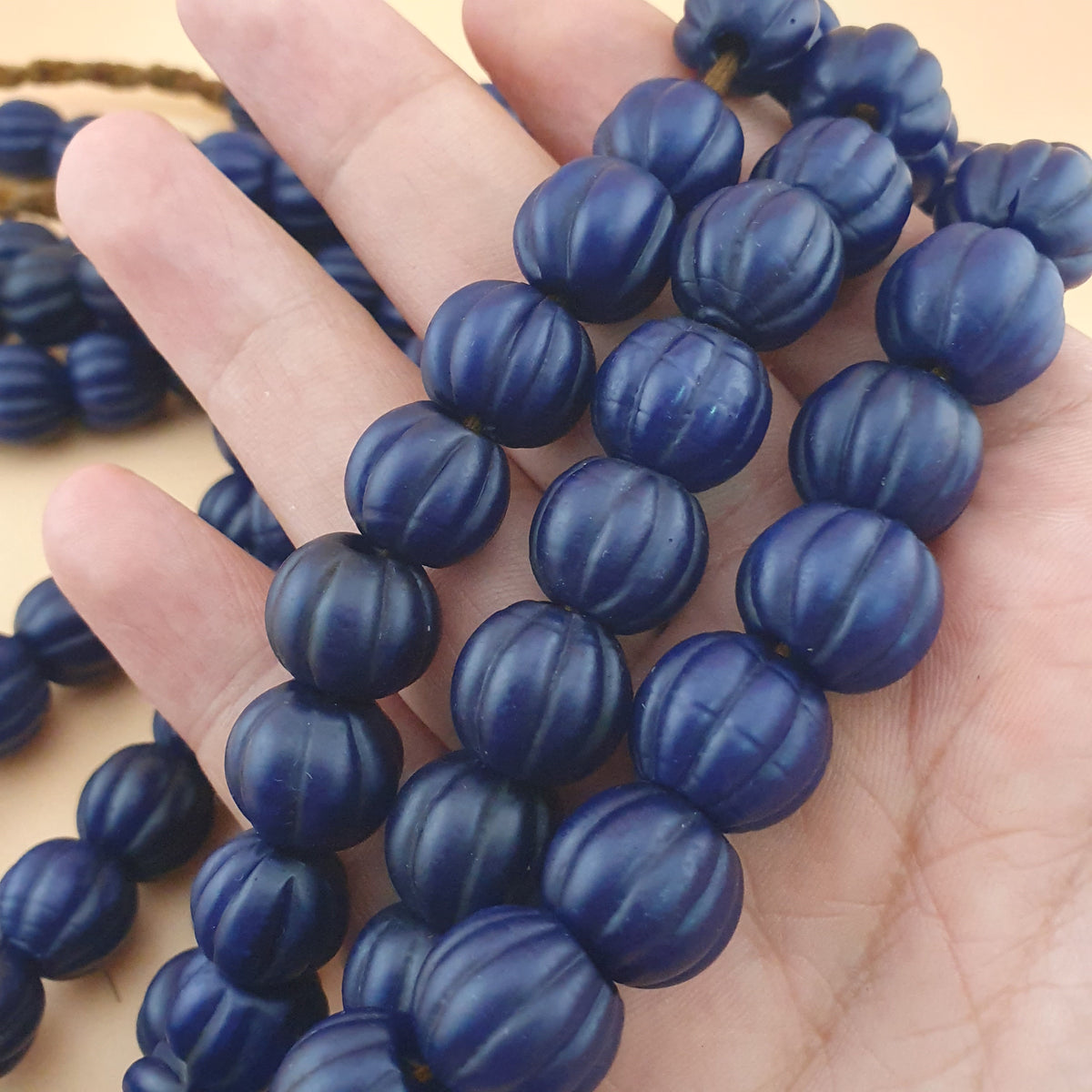 Antique African Deep Blue Melon Shape Glass Beads Strands