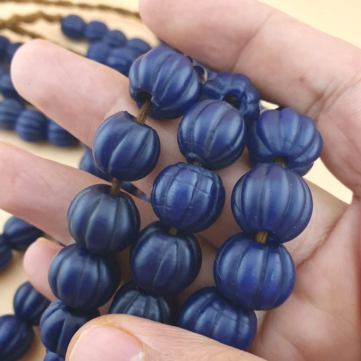 Antique African Deep Blue Melon Shape Glass Beads Strands