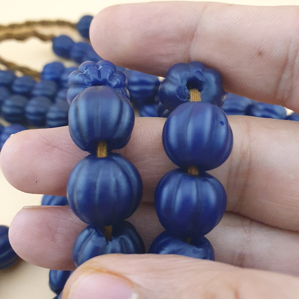 Antique African Deep Blue Melon Shape Glass Beads Strands