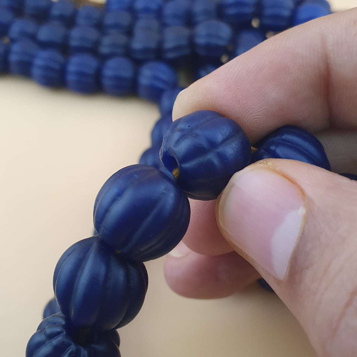 Antique African Deep Blue Melon Shape Glass Beads Strands