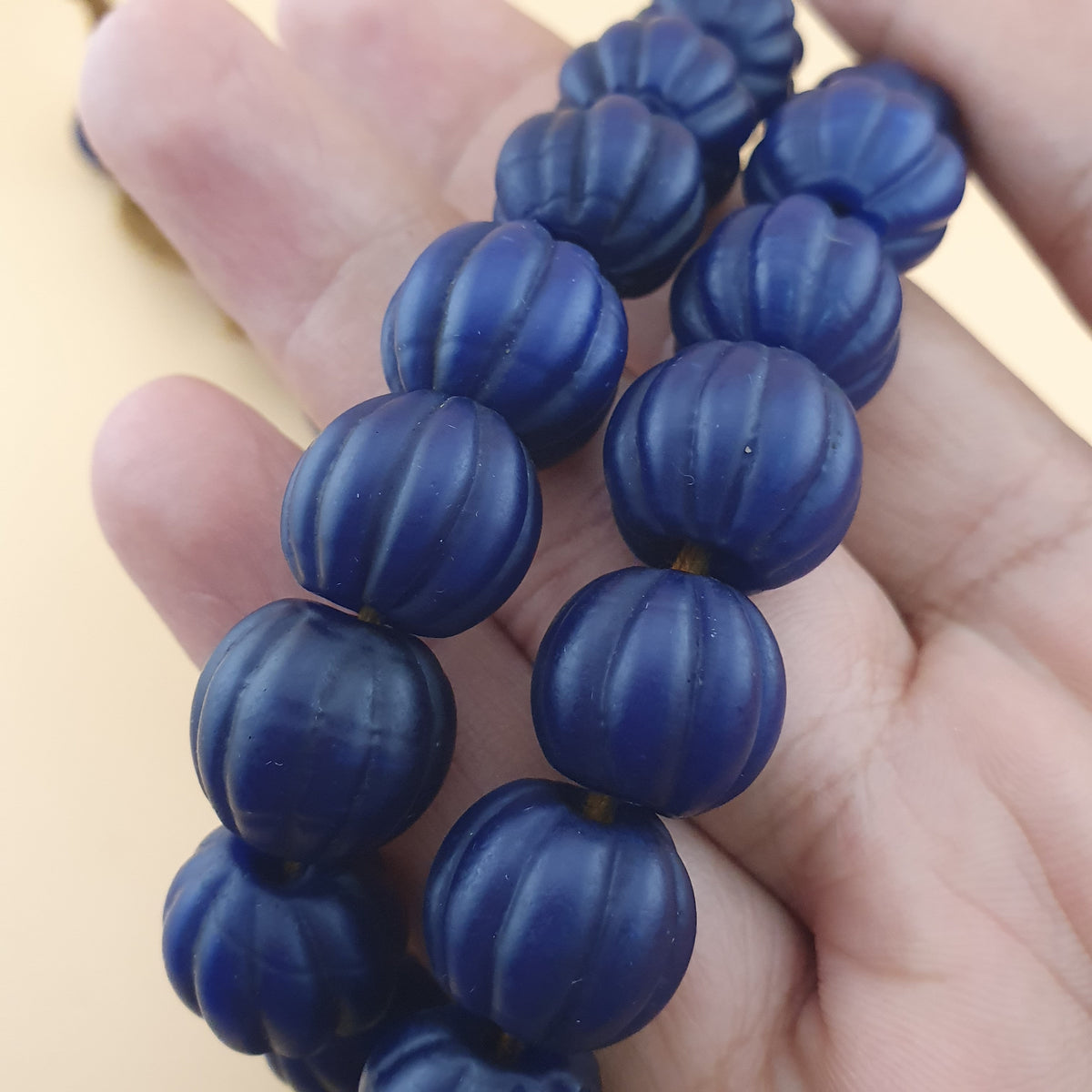 Antique African Deep Blue Melon Shape Glass Beads Strands