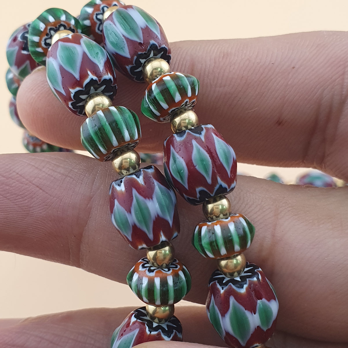 Collier Pendentif Verre Fait Main Chevrons Verts Style Vénitien Vintage