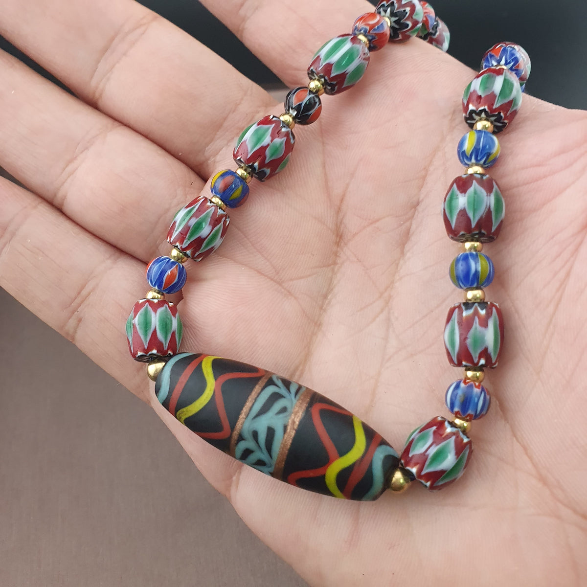 Vintage Venetian Style Green Chevrons & handmade Glass Beads Necklace