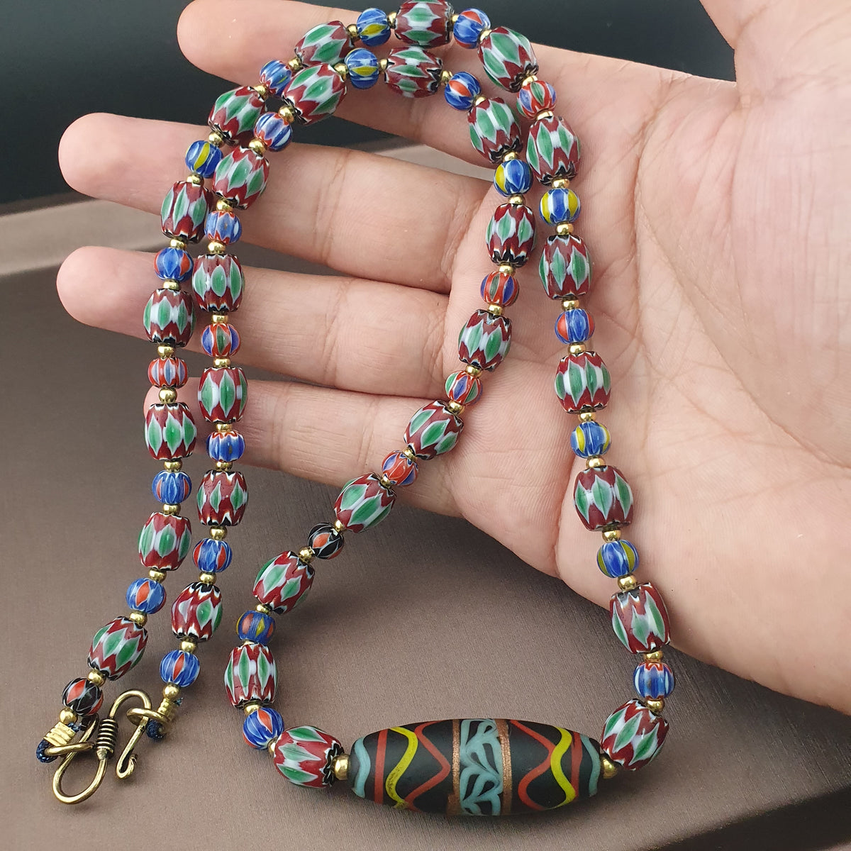 Vintage Venetian Style Green Chevrons & handmade Glass Beads Necklace