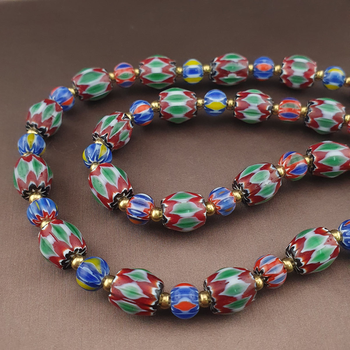 Vintage Venetian Style Green Chevrons & handmade Glass Beads Necklace