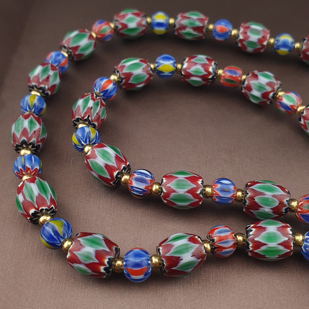 Vintage Venetian Style Green Chevrons & handmade Glass Beads Necklace