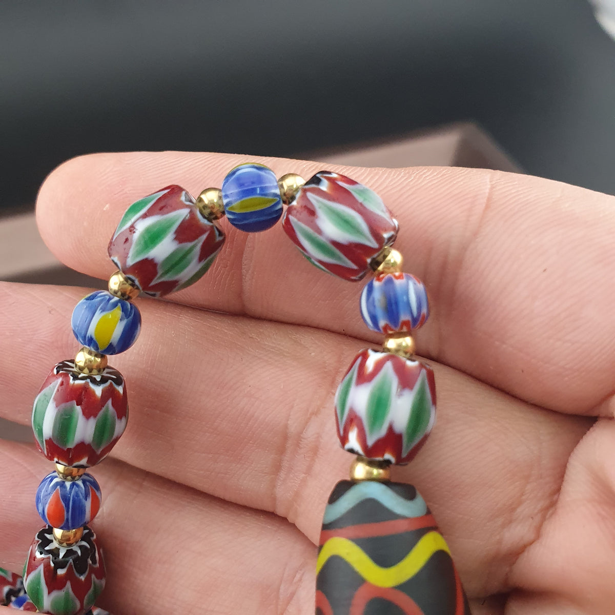 Vintage Venetian Style Green Chevrons & handmade Glass Beads Necklace