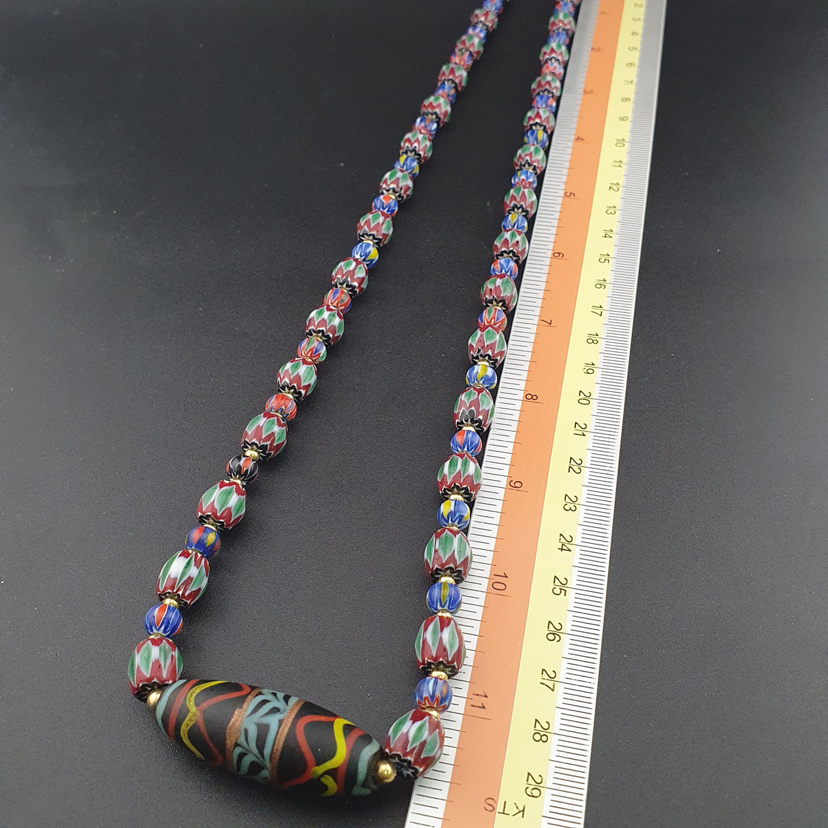 Vintage Venetian Style Green Chevrons & handmade Glass Beads Necklace