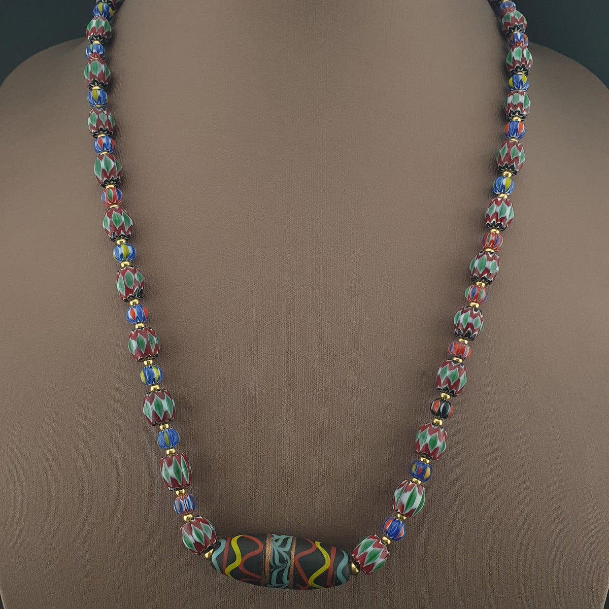 Vintage Venetian Style Green Chevrons & handmade Glass Beads Necklace