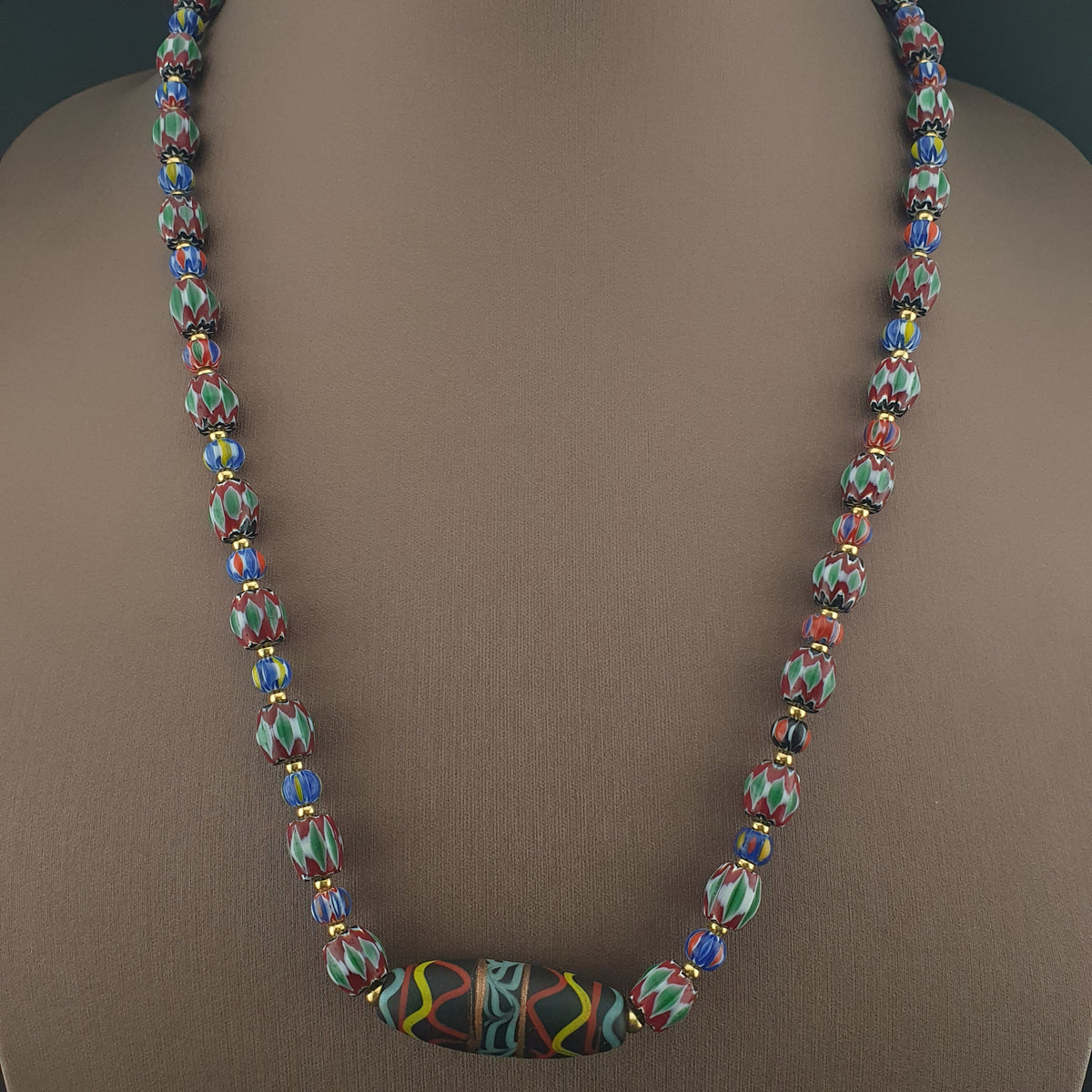 Vintage Venetian Style Green Chevrons & handmade Glass Beads Necklace