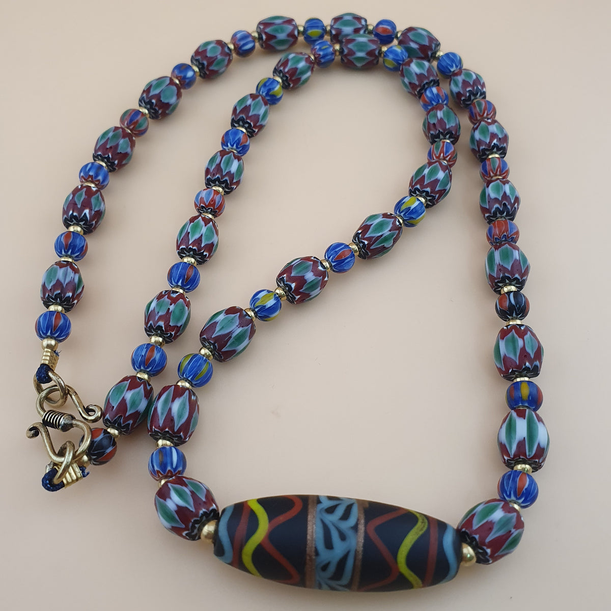 Vintage Venetian Style Green Chevrons & handmade Glass Beads Necklace