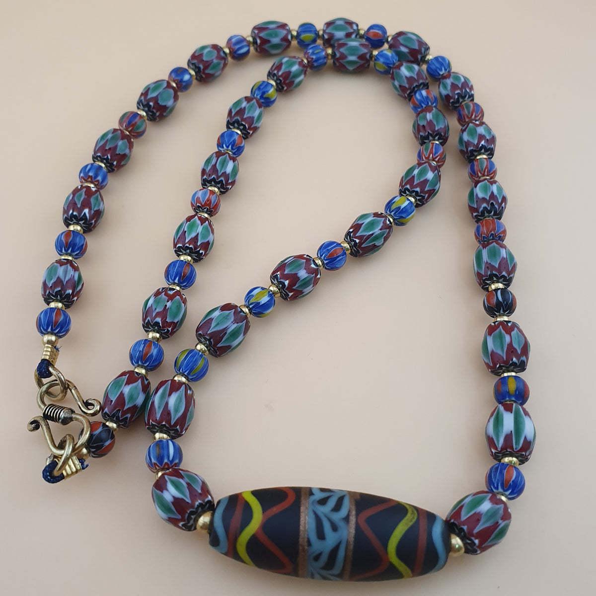 Vintage Venetian Style Green Chevrons & handmade Glass Beads Necklace