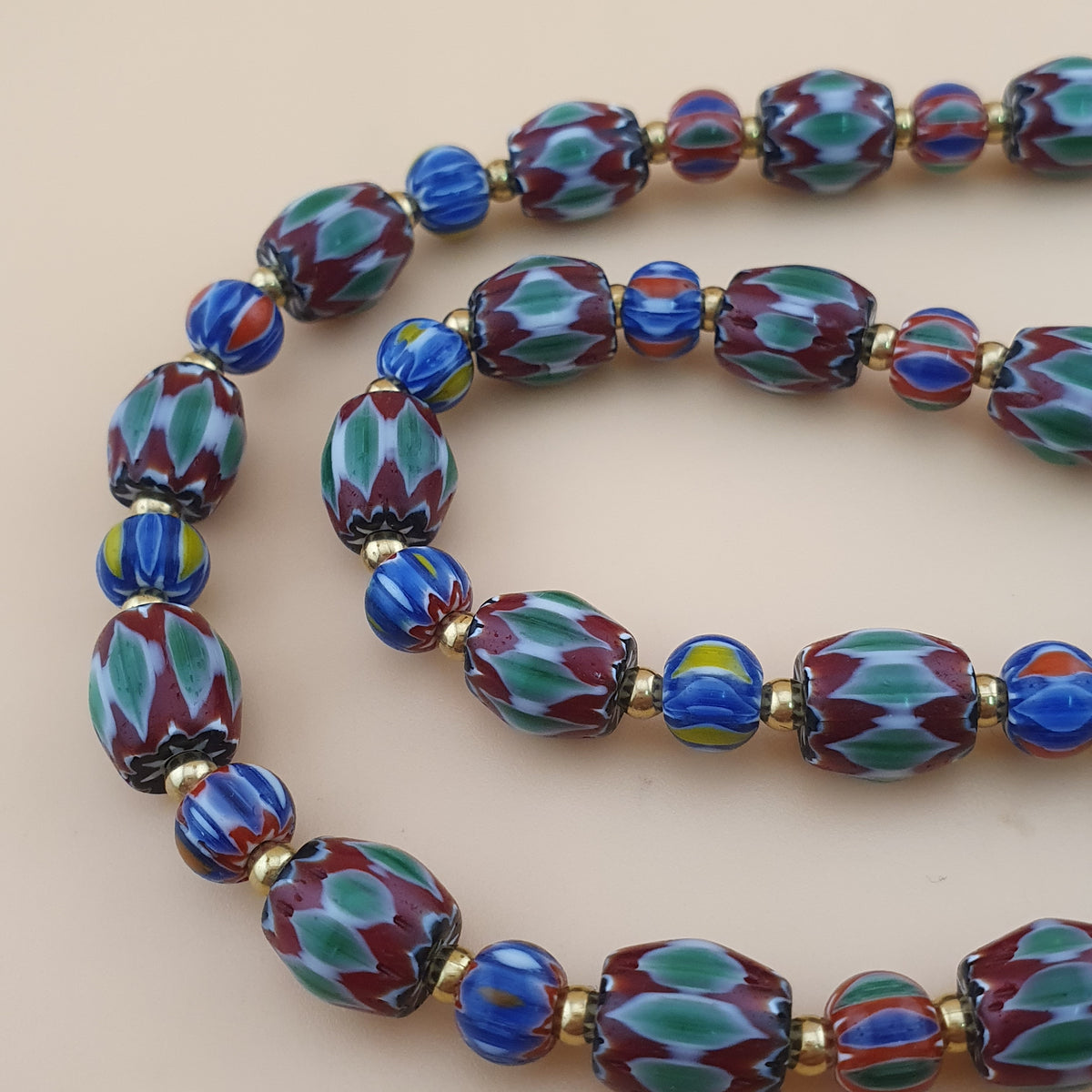 Vintage Venetian Style Green Chevrons & handmade Glass Beads Necklace