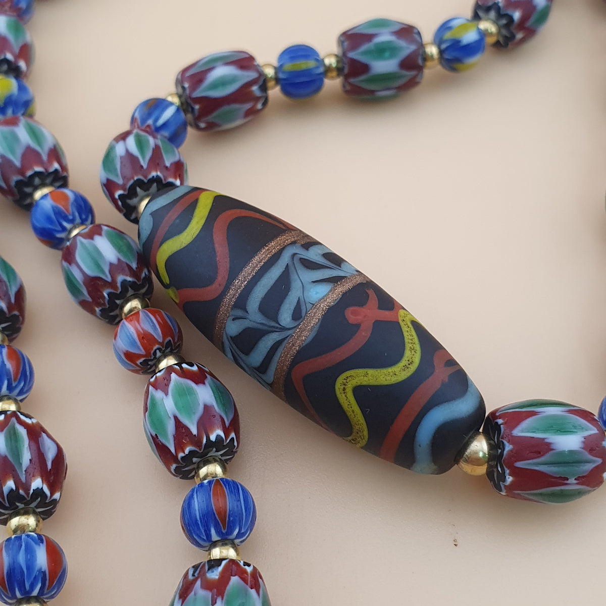 Vintage Venetian Style Green Chevrons & handmade Glass Beads Necklace