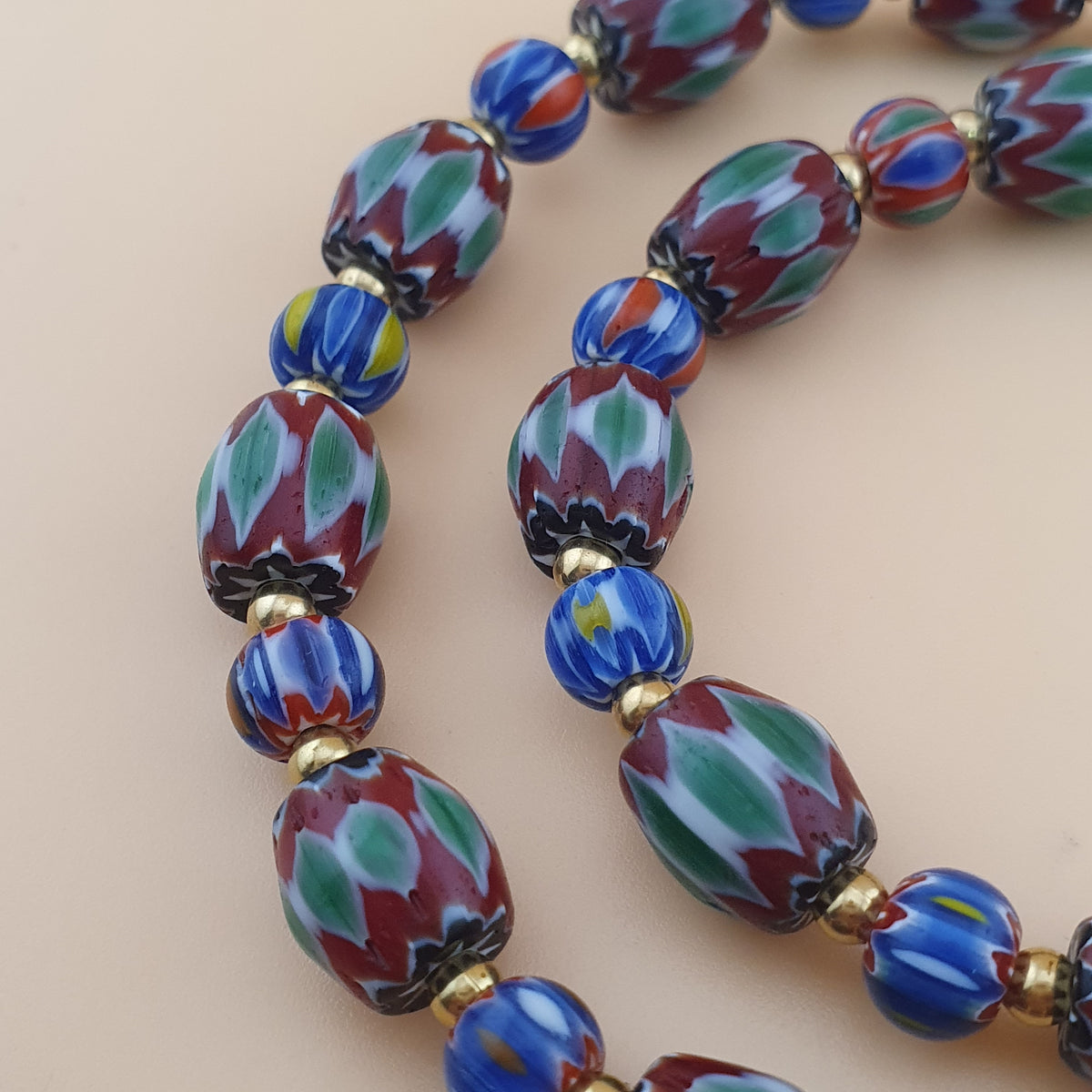 Vintage Venetian Style Green Chevrons & handmade Glass Beads Necklace