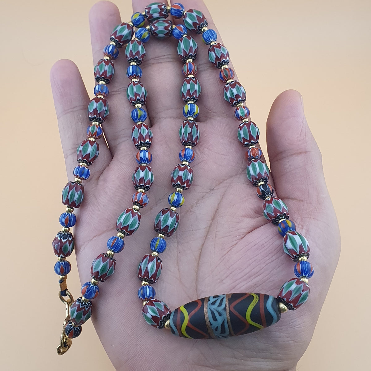 Vintage Venetian Style Green Chevrons & handmade Glass Beads Necklace