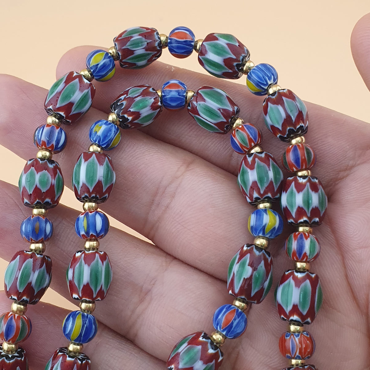 Vintage Venetian Style Green Chevrons & handmade Glass Beads Necklace