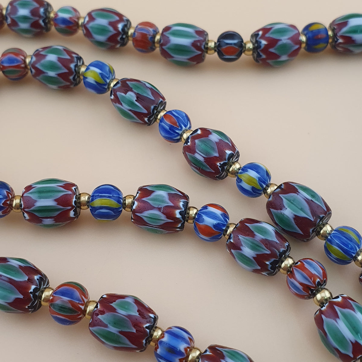 Vintage Venetian Style Green Chevrons & handmade Glass Beads Necklace