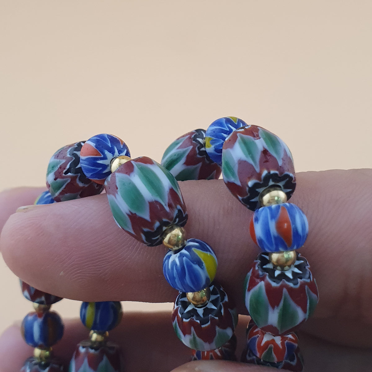 Vintage Venetian Style Green Chevrons & handmade Glass Beads Necklace