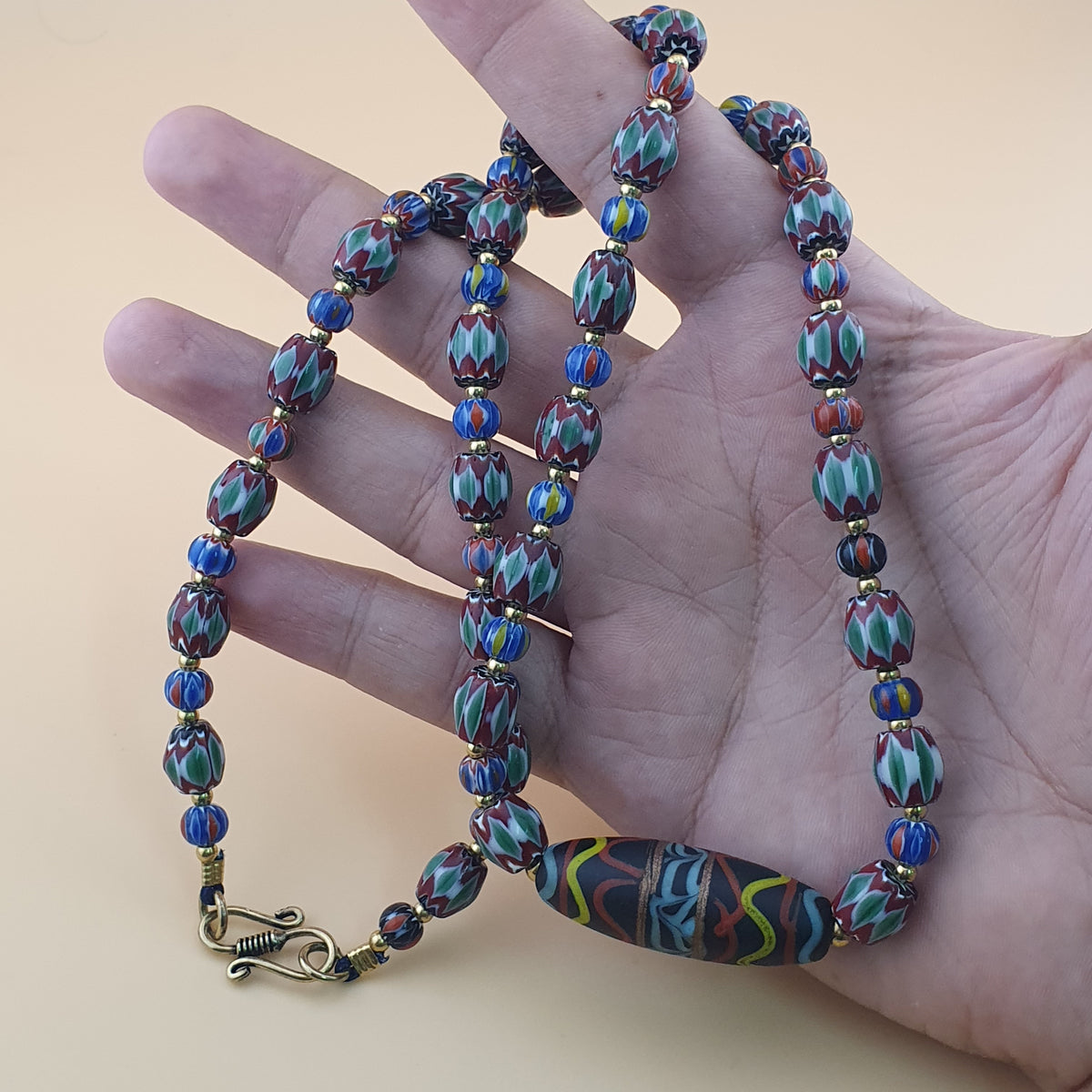 Vintage Venetian Style Green Chevrons & handmade Glass Beads Necklace