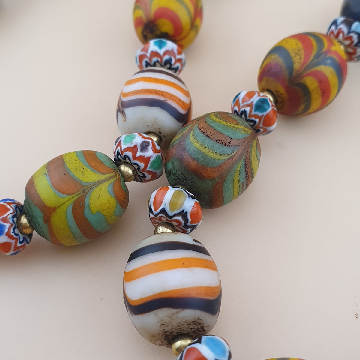Vintage Venetian Style Feather Desgin Glass With Chevron Glass Beads Necklace