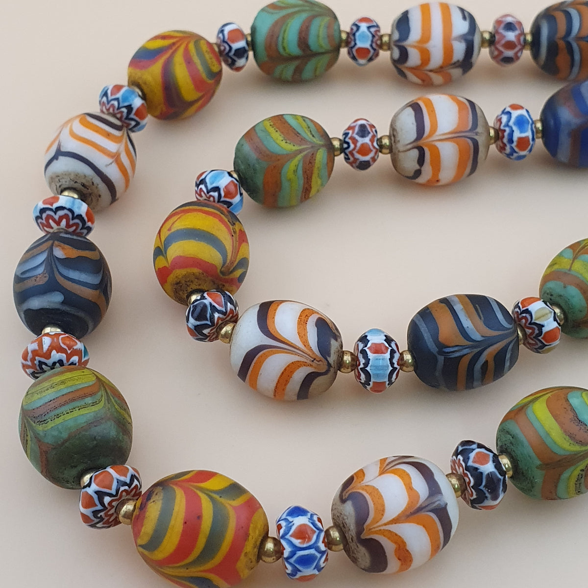 Vintage Venetian Style Feather Desgin Glass With Chevron Glass Beads Necklace
