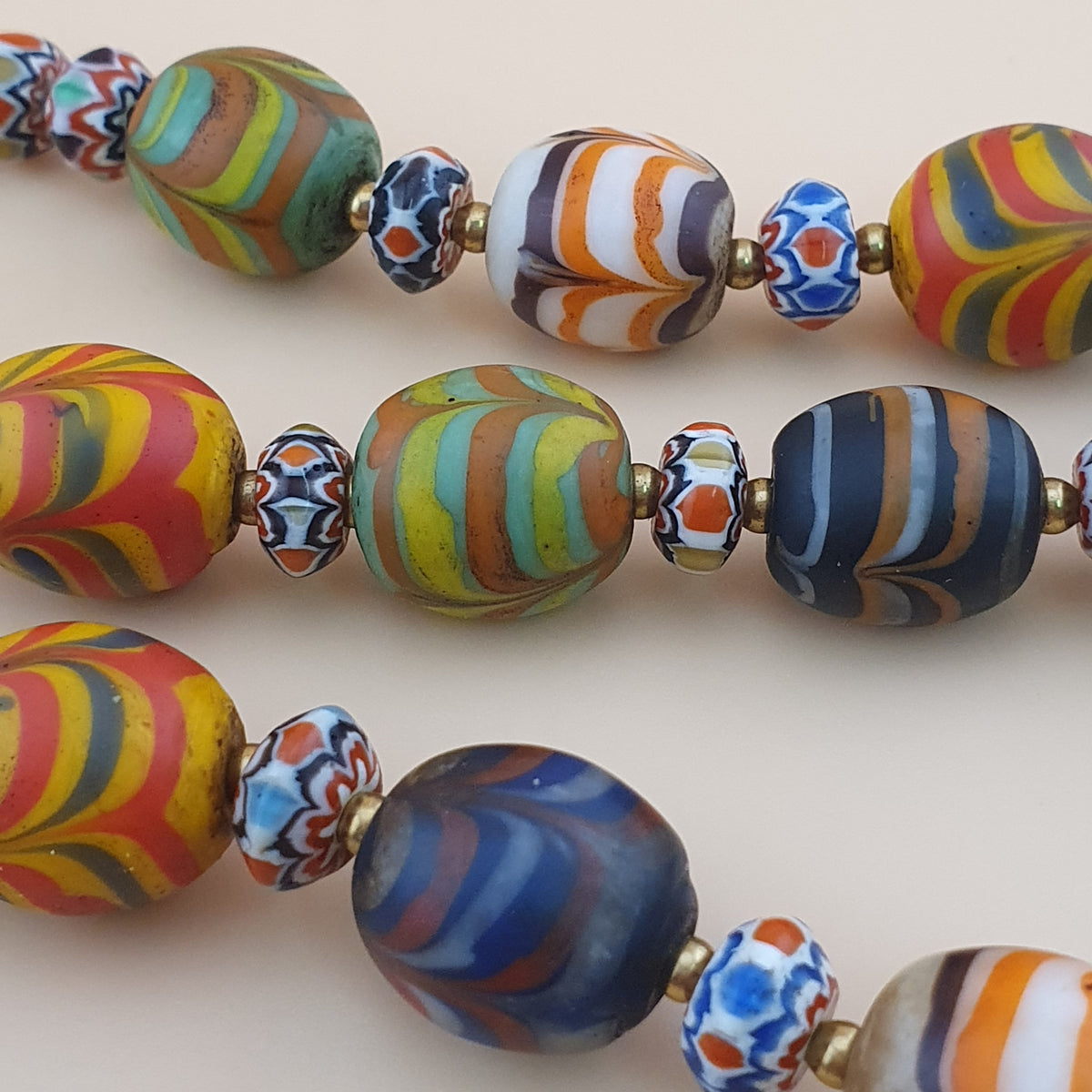 Vintage Venetian Style Feather Desgin Glass With Chevron Glass Beads Necklace