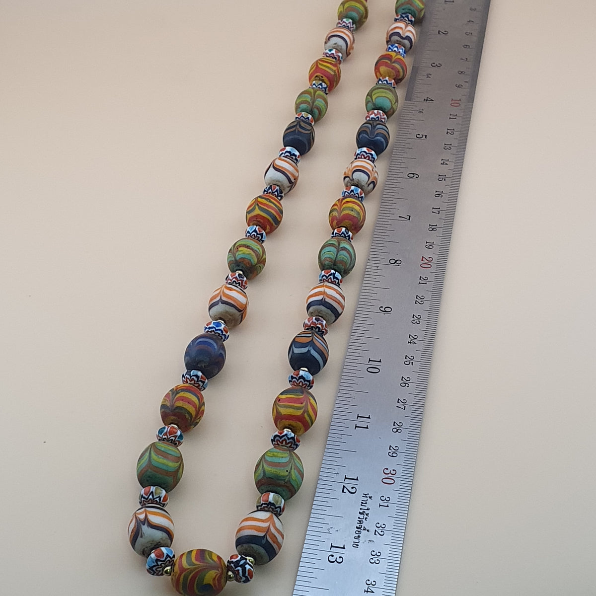 Vintage Venetian Style Feather Desgin Glass With Chevron Glass Beads Necklace