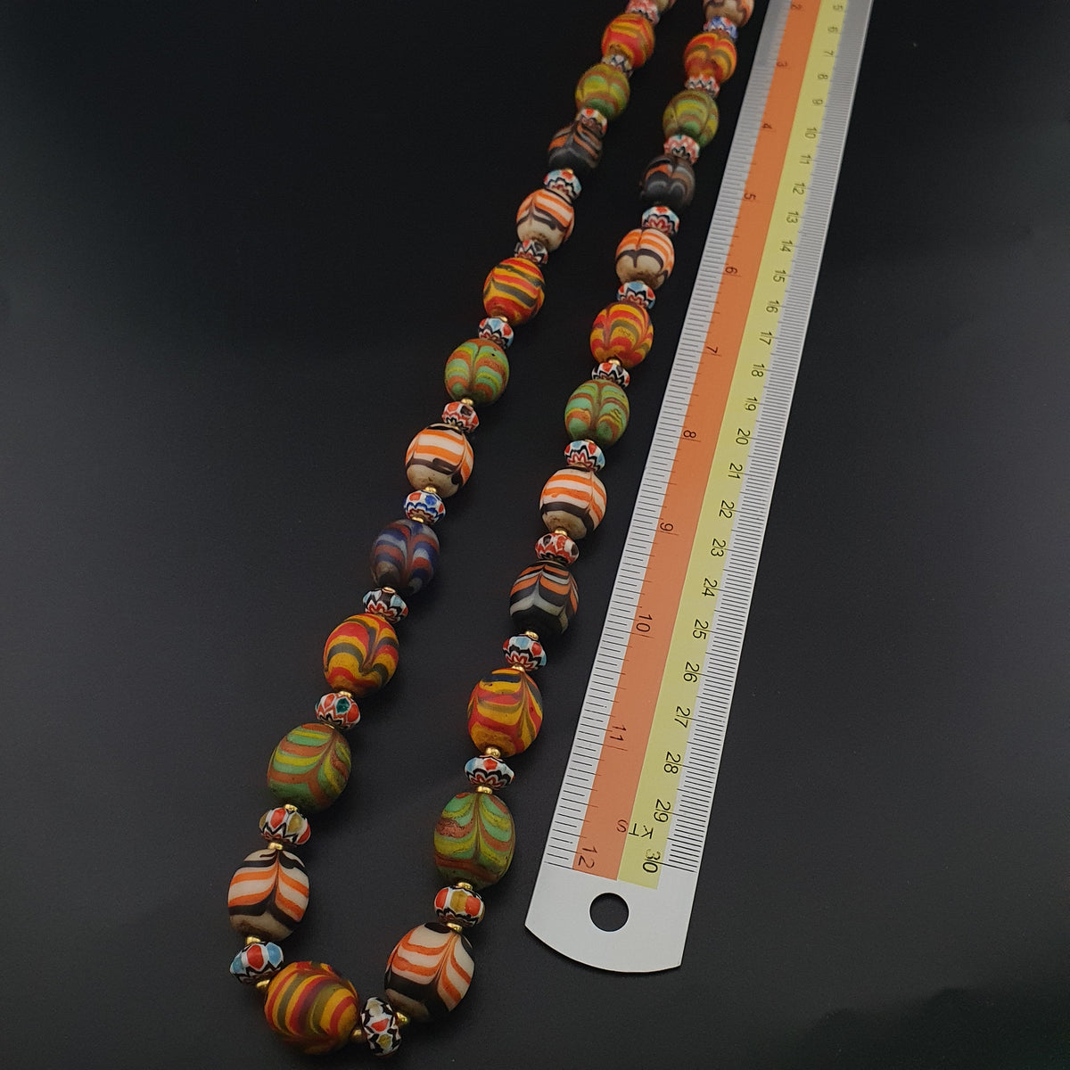 Vintage Venetian Style Feather Desgin Glass With Chevron Glass Beads Necklace
