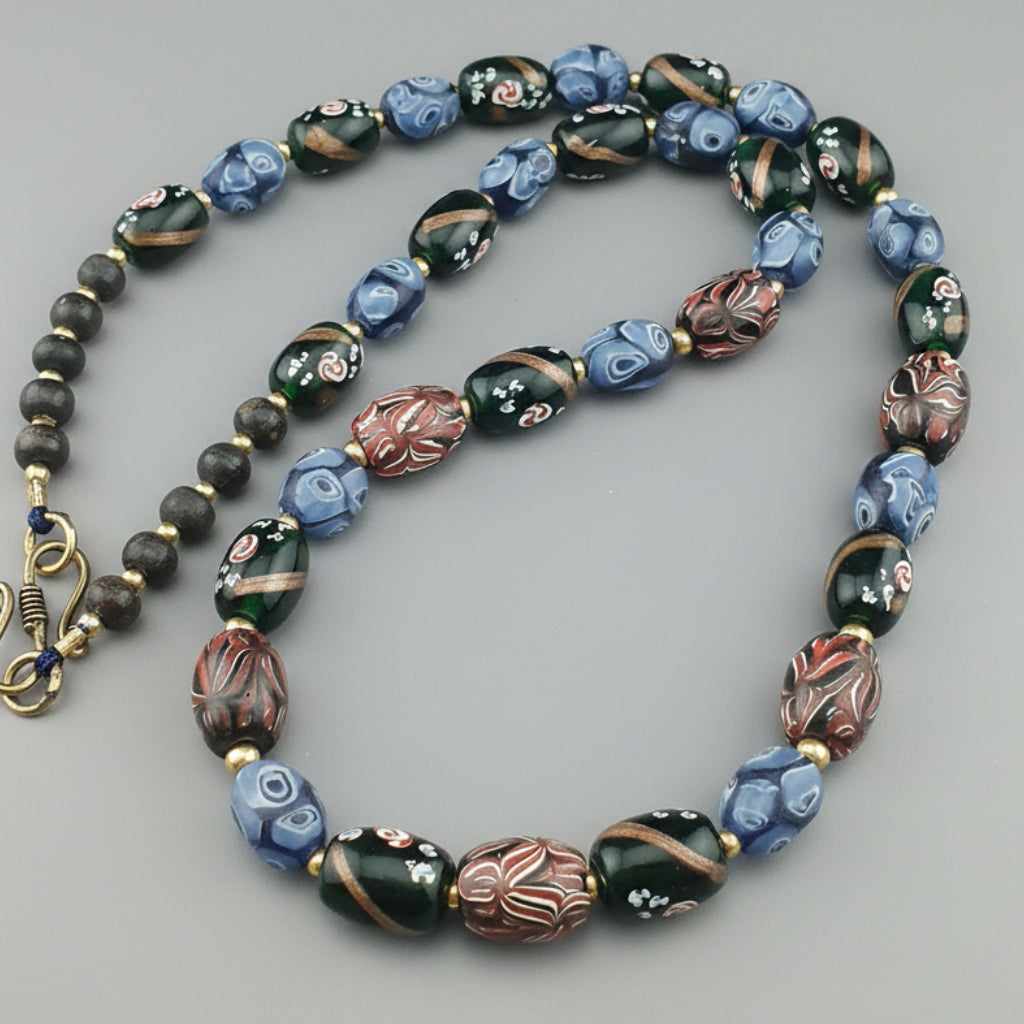 Antique Venetian Style Mix Gabri, Floral & Mosaic Glass Beads Necklace