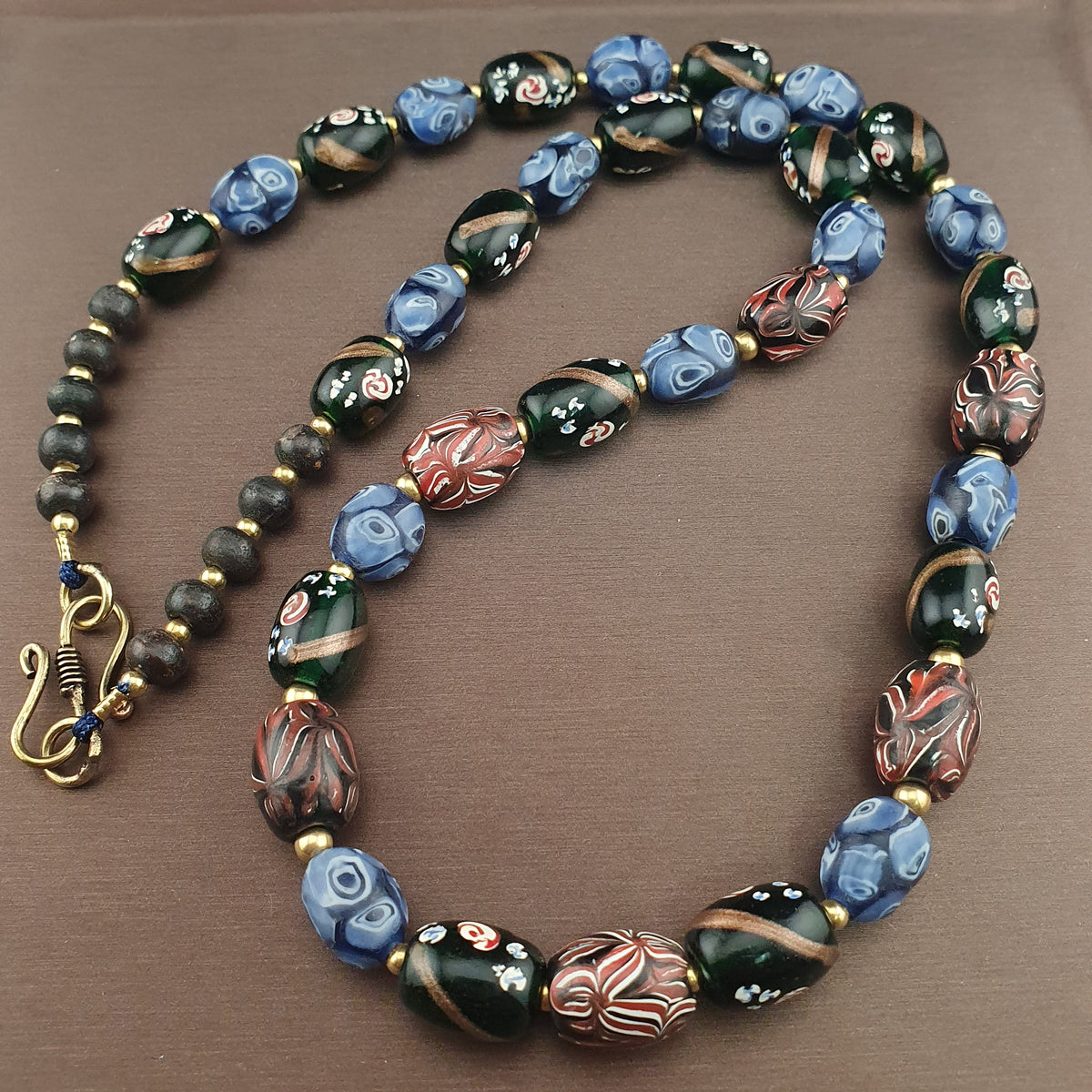 Antique Venetian Style Mix Gabri, Floral & Mosaic Glass Beads Necklace