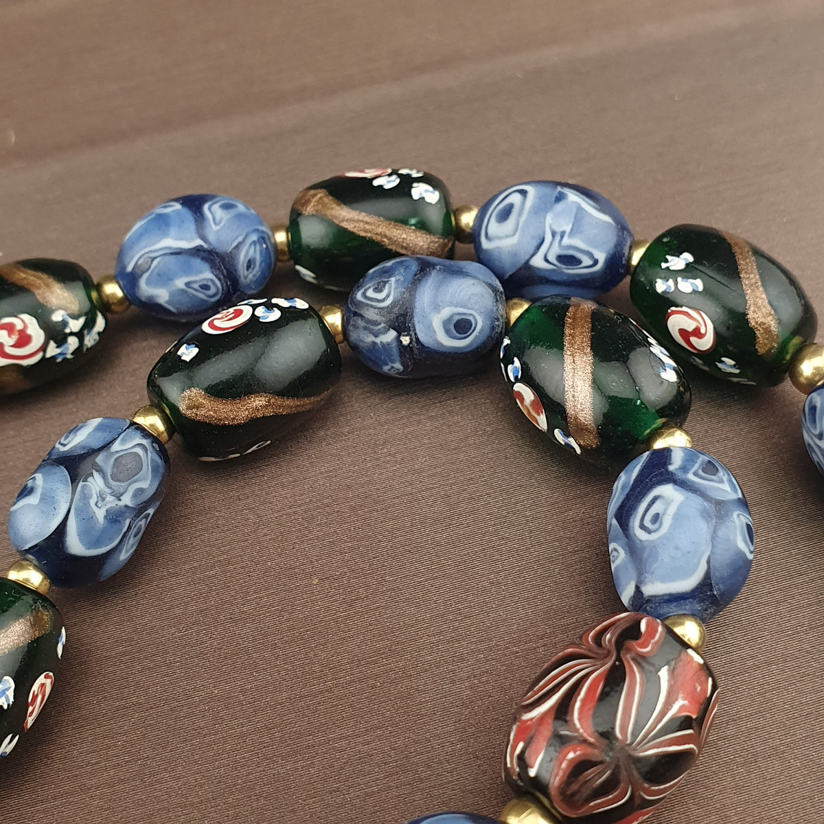 Antique Venetian Style Mix Gabri, Floral & Mosaic Glass Beads Necklace