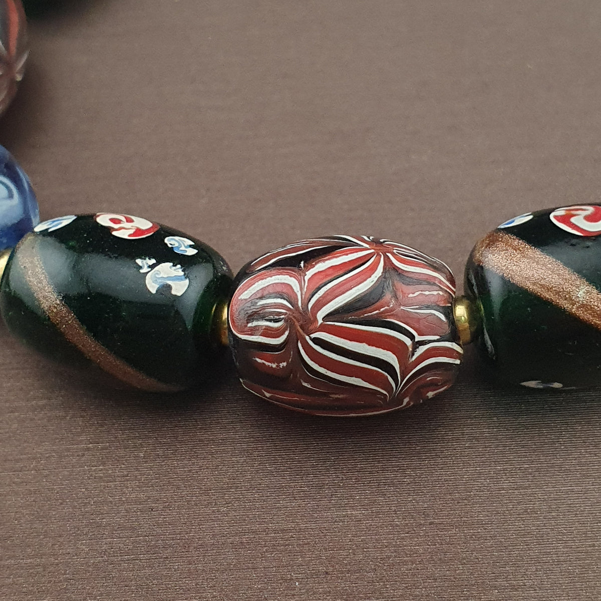 Antique Venetian Style Mix Gabri, Floral & Mosaic Glass Beads Necklace