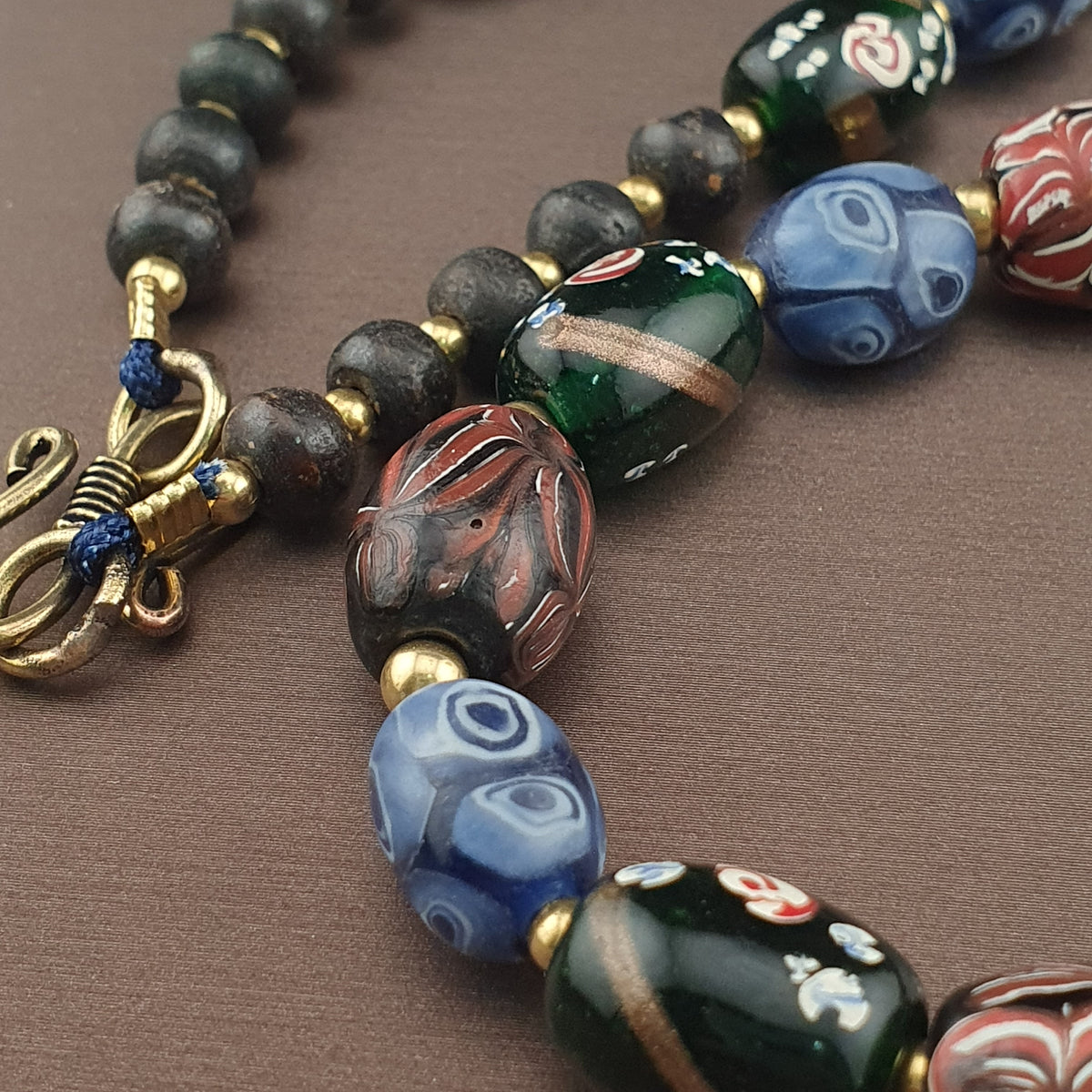 Antique Venetian Style Mix Gabri, Floral & Mosaic Glass Beads Necklace