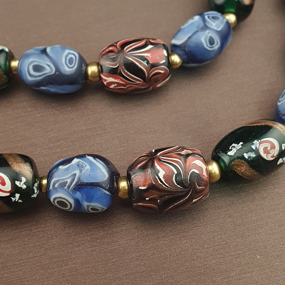 Antique Venetian Style Mix Gabri, Floral & Mosaic Glass Beads Necklace