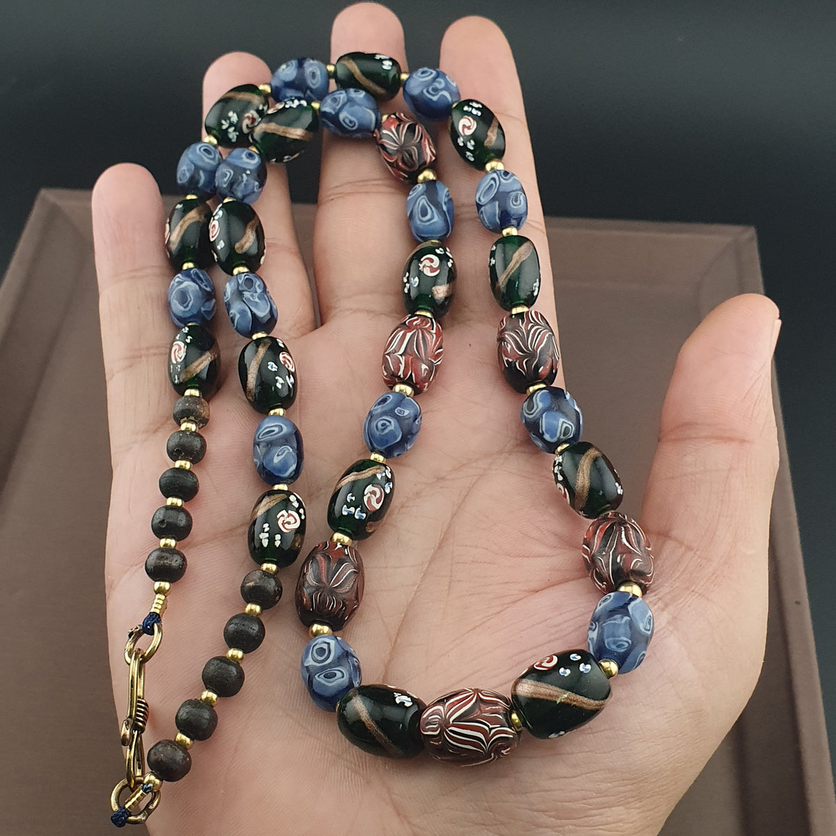 Antique Venetian Style Mix Gabri, Floral & Mosaic Glass Beads Necklace