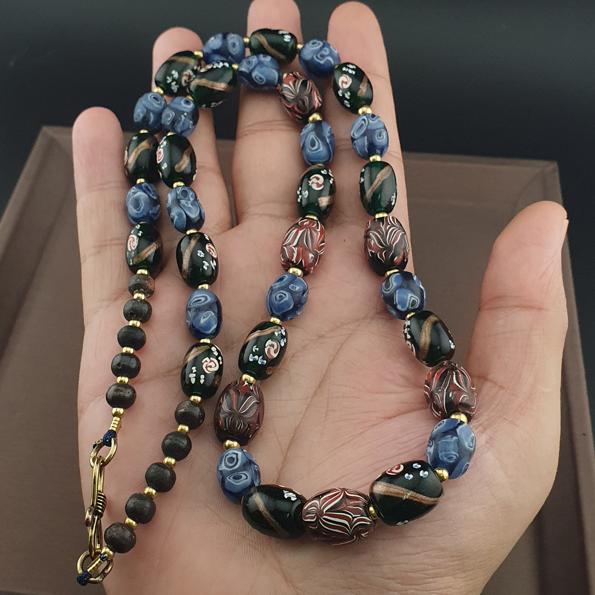 Antique Venetian Style Mix Gabri, Floral & Mosaic Glass Beads Necklace