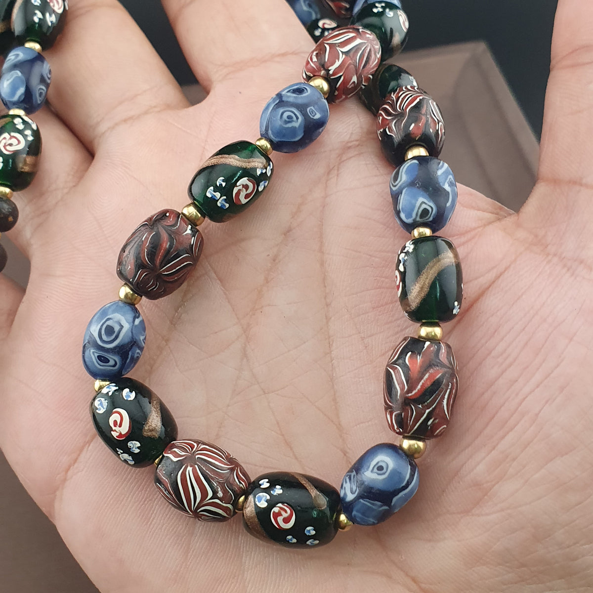Antique Venetian Style Mix Gabri, Floral & Mosaic Glass Beads Necklace