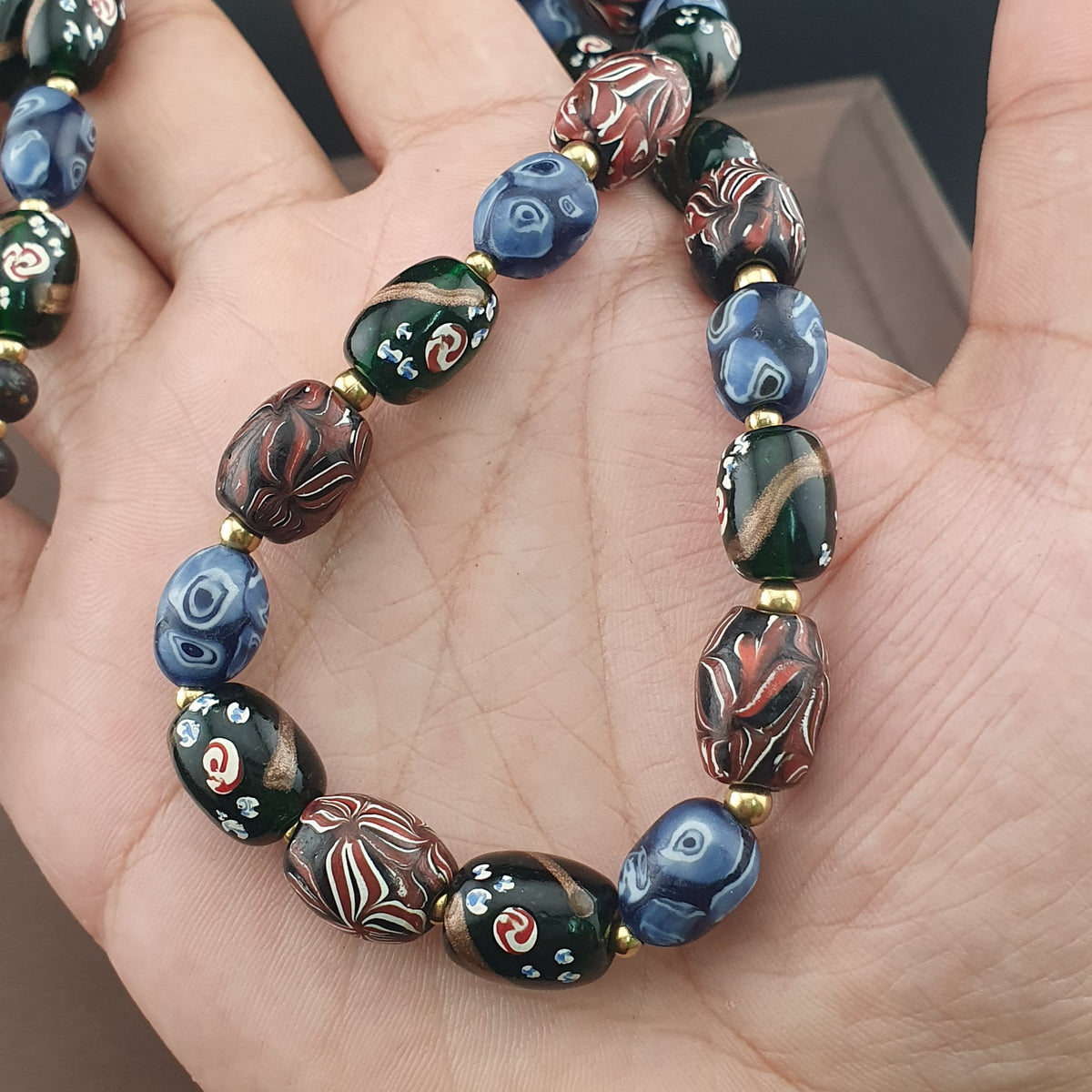 Antique Venetian Style Mix Gabri, Floral & Mosaic Glass Beads Necklace