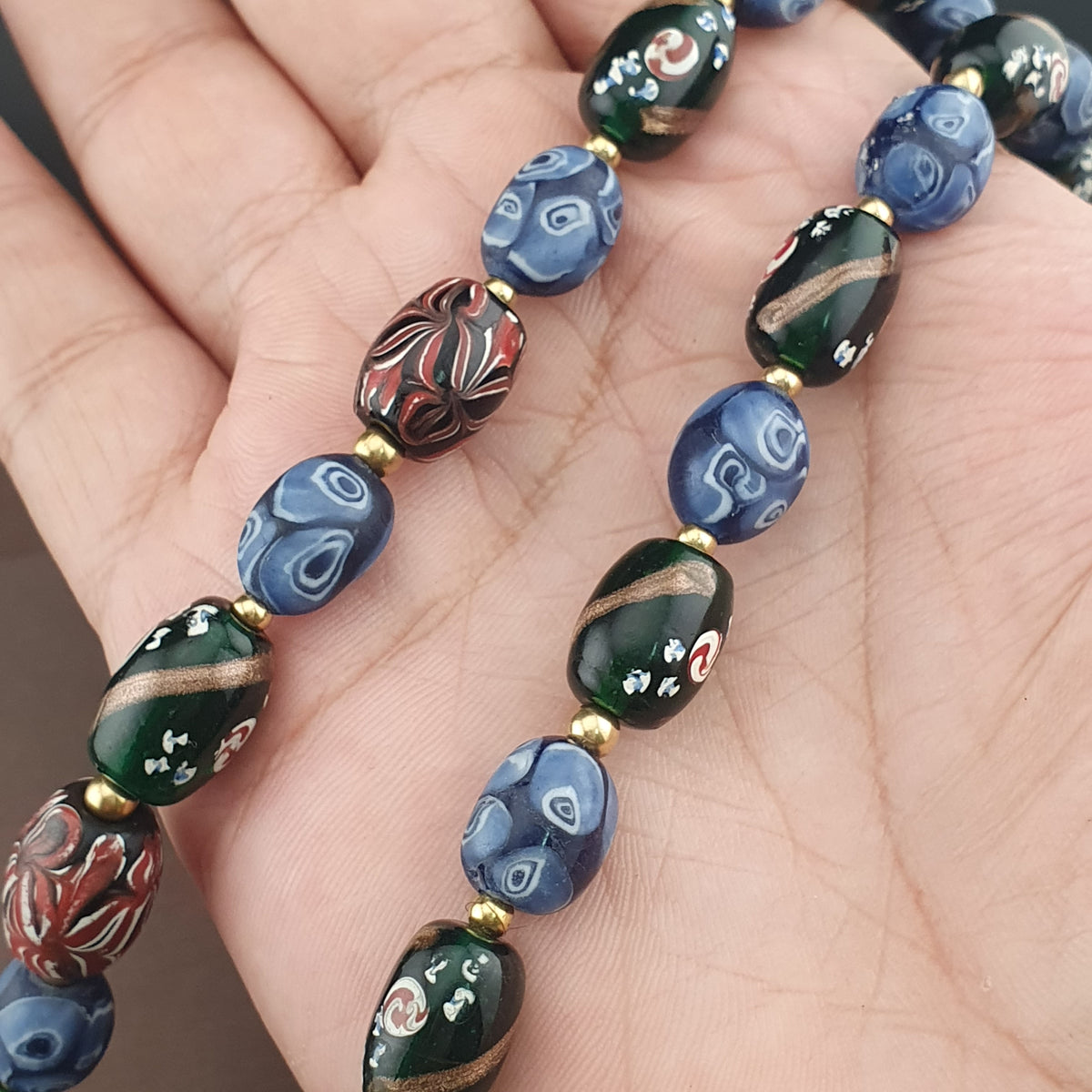 Antique Venetian Style Mix Gabri, Floral & Mosaic Glass Beads Necklace
