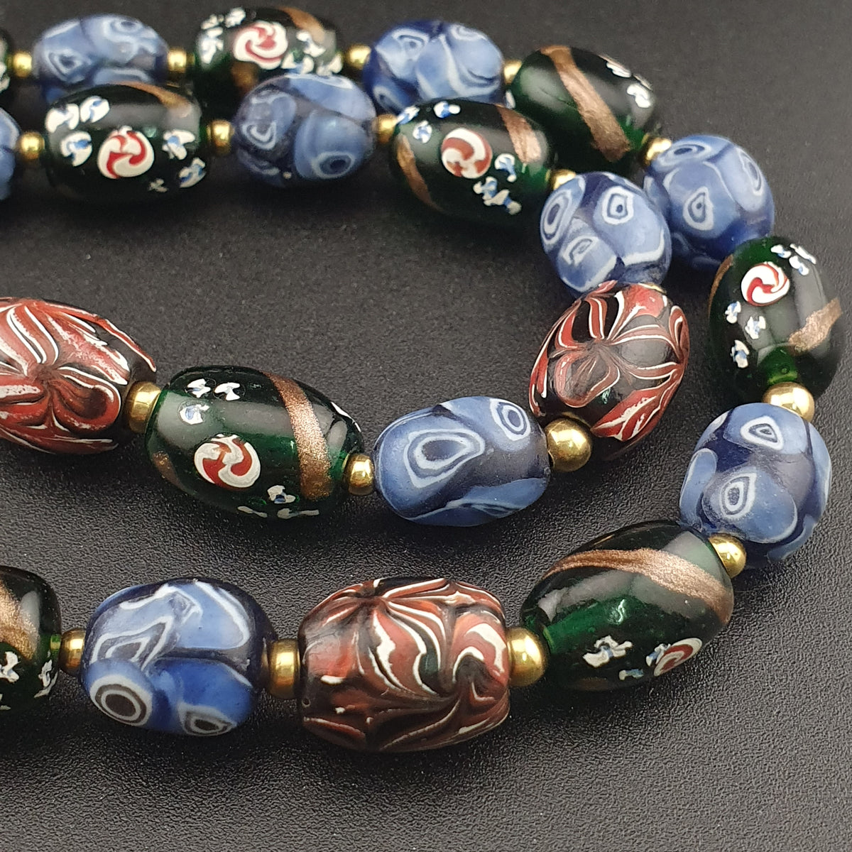 Antique Venetian Style Mix Gabri, Floral & Mosaic Glass Beads Necklace