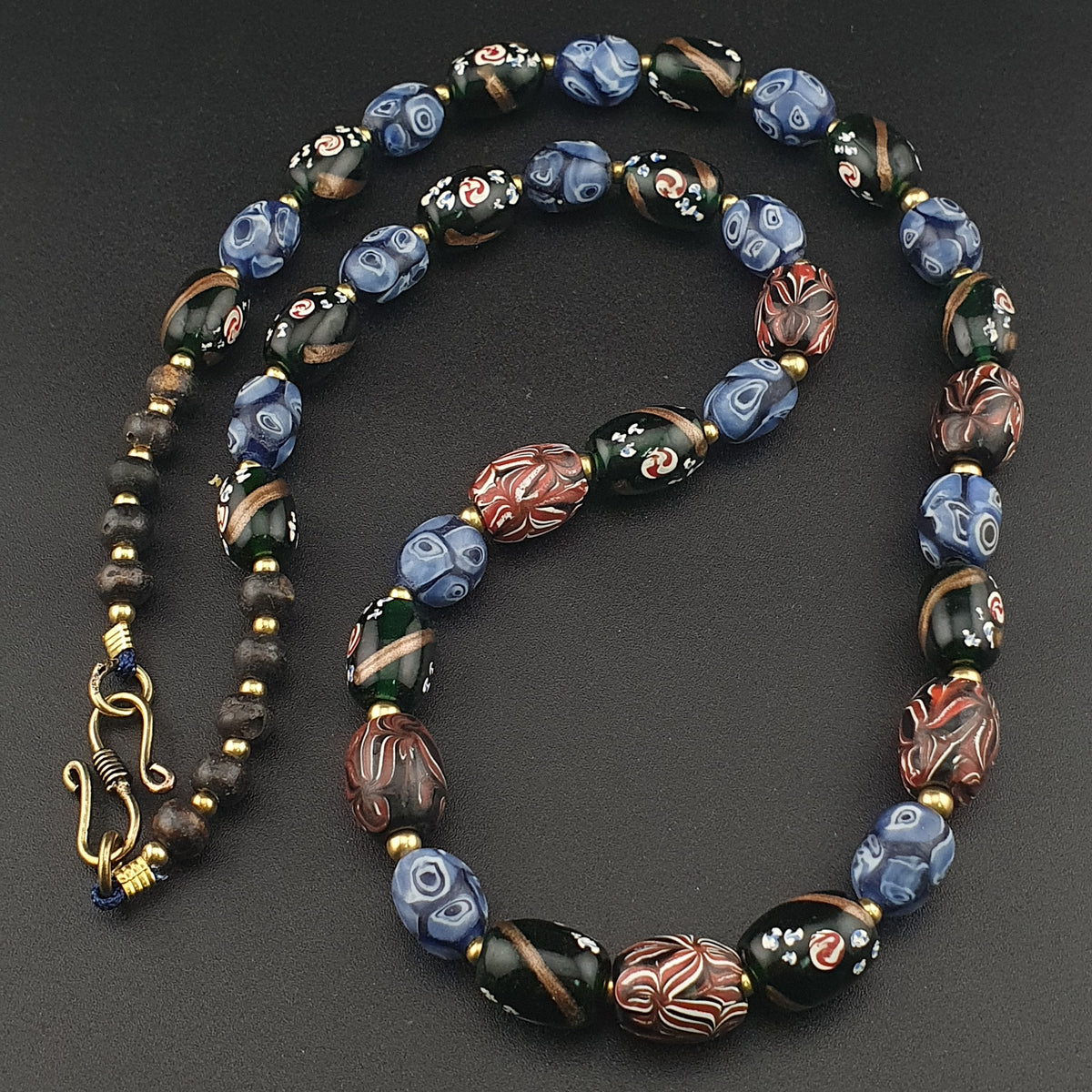 Antique Venetian Style Mix Gabri, Floral & Mosaic Glass Beads Necklace