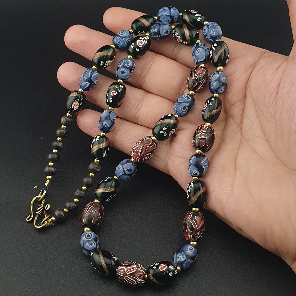 Antique Venetian Style Mix Gabri, Floral & Mosaic Glass Beads Necklace