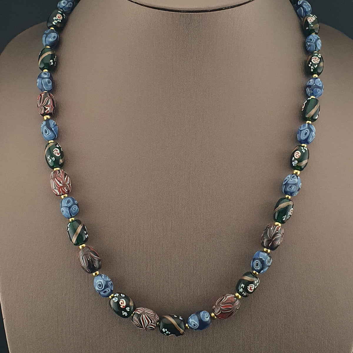 Antique Venetian Style Mix Gabri, Floral & Mosaic Glass Beads Necklace